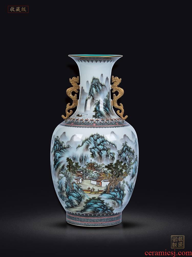 Jingdezhen ceramics vase imitation qianlong maintain pastel landscape double ears of Chinese style classical sitting room adornment is placed