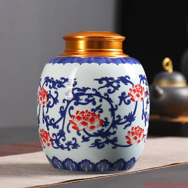 Blue and white porcelain tea pot ceramic pot large sealing alloy cover tea packaging storage tank receives the custom