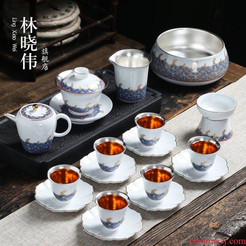 Tasted silver gilding kung fu tea set ceramic silver tea service of a complete set of household teapot teacup silver tureen gift boxes