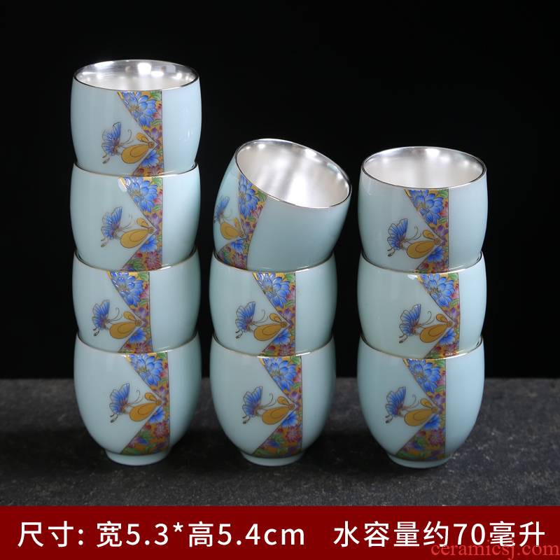 999 sterling silver, grilled jingdezhen celadon flower porcelain kung fu tea tasted silver gilding cup single cup sample tea cup master cup by hand