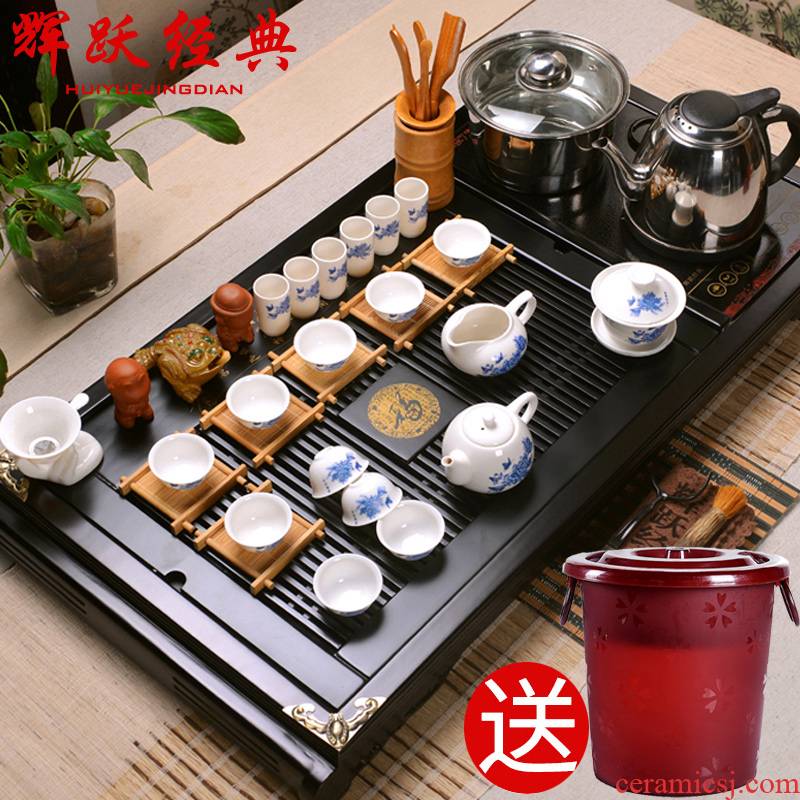 Hui, make tea blue - and - white porcelain tea sets ipads China kung fu tea set/induction cooker real wood buford tea tray