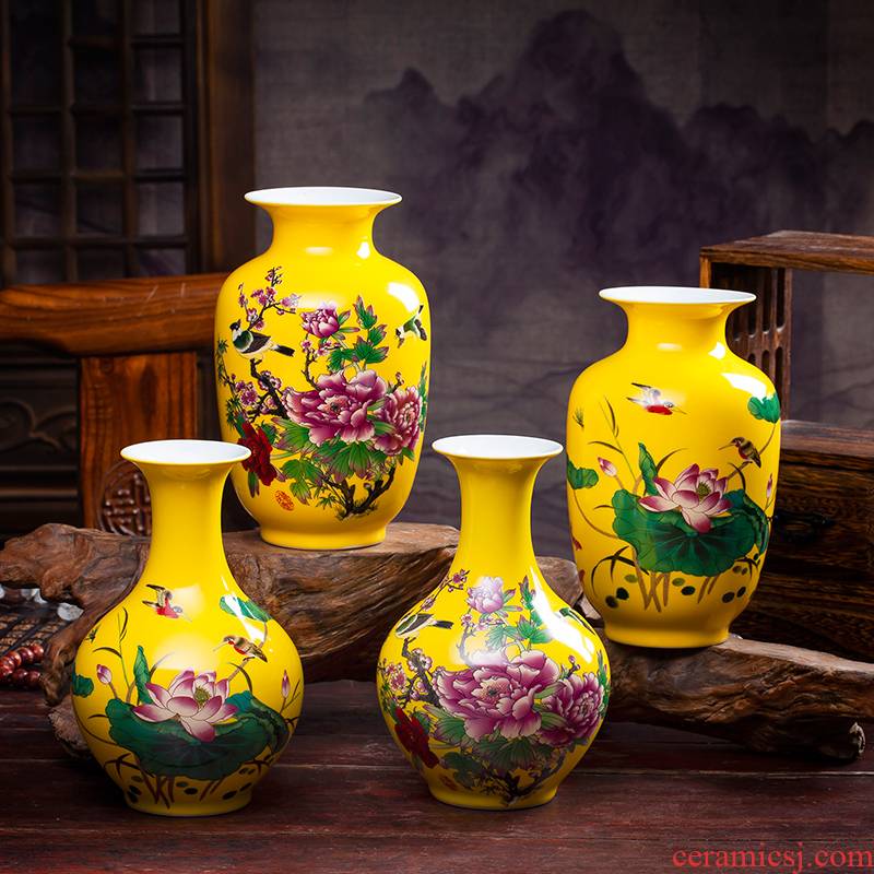 Jingdezhen ceramics furnishing articles antique imitation the qing yongzheng hand - made pastel yellow glaze floret bottle of home sitting room adornment