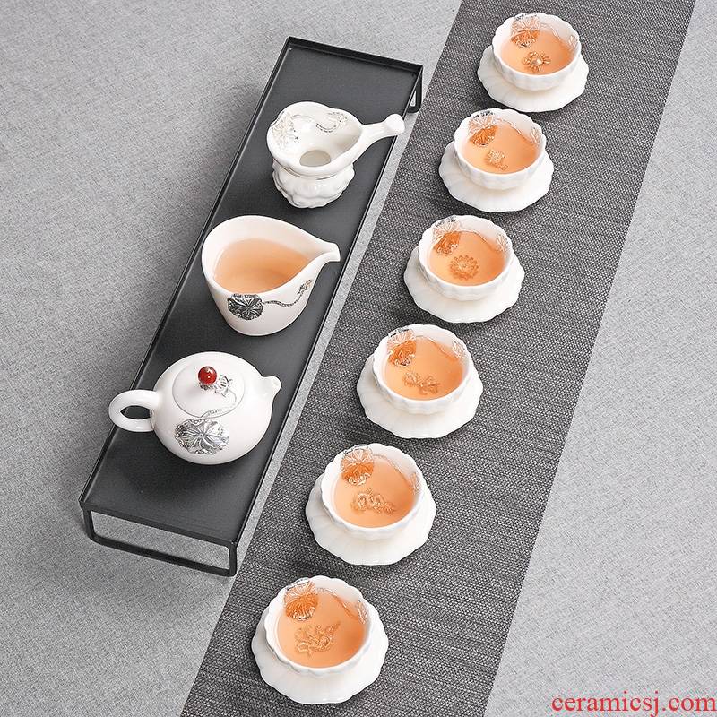 Dehua white porcelain inlay silver tea set kung fu tea set domestic high - grade ceramic teapot teacup) of a complete set of office