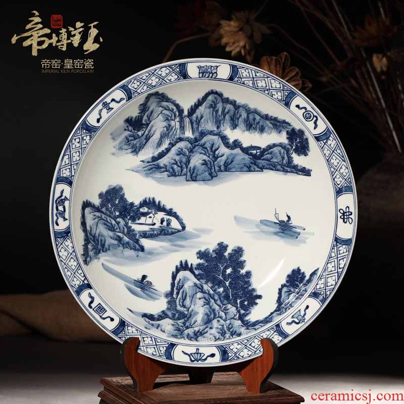 Jingdezhen ceramic decoration plate by blue and white landscape hang dish plate antique hand - made decorative household crafts are sitting room
