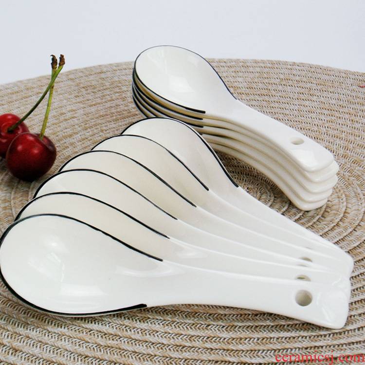 Simple pure color white household ceramic spoon restaurant Japanese Korean ceramic tableware, black side small ladle