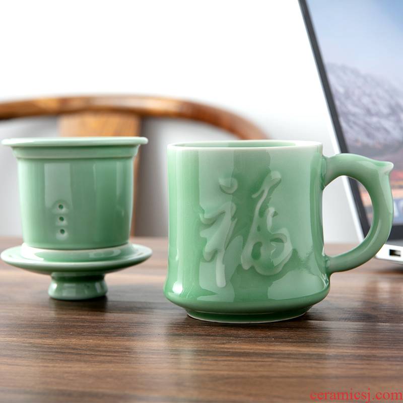 Longquan celadon office glass tea cup of household ceramics everyone cup with cover with filter single glass tea cup