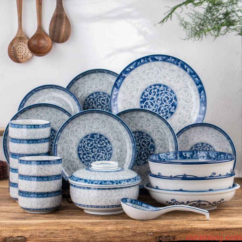 Fangming imported ceramic tableware suit of blue and white porcelain plate suit household special combination microwave tableware restoring ancient ways