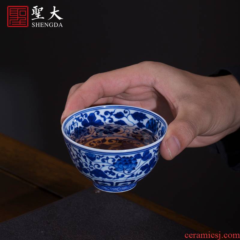 Holy big teacups hand - made ceramic kung fu with blue and white wear branch lotus cup sample tea cup manual of jingdezhen tea service master