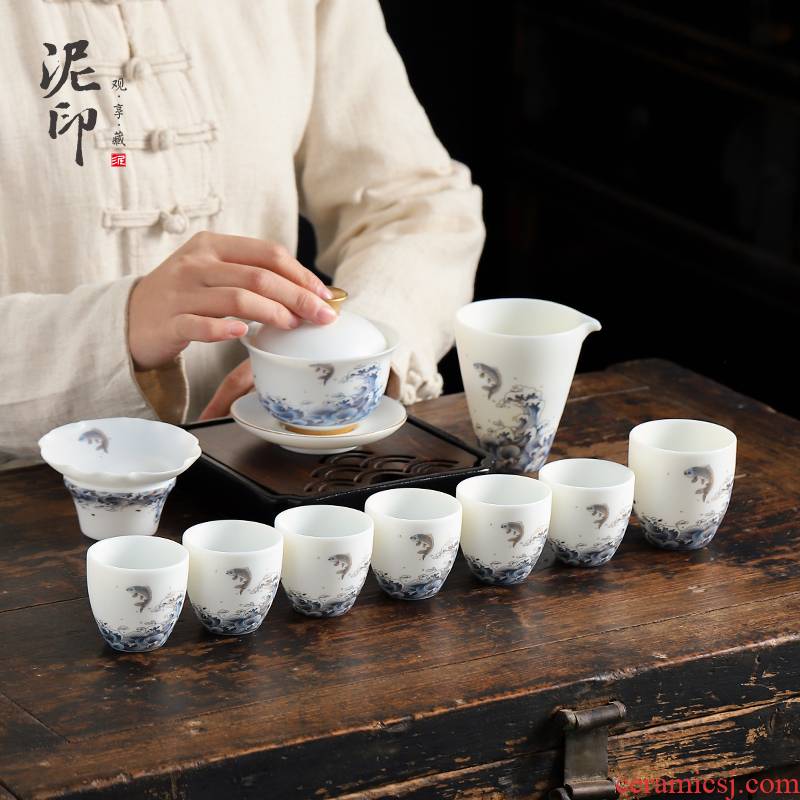 Mud Yin fu make harmony white porcelain tea set suit visitor tea gift box of a complete set of domestic high - end suet jade office