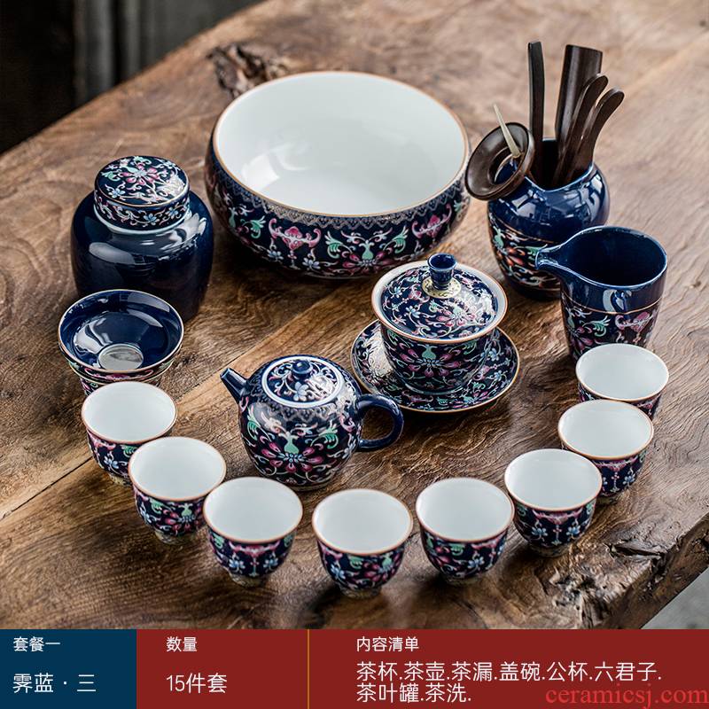 The whole household jingdezhen cloisonne grilled ceramic kung fu tea set gold colored enamel teapot teacup tea tray