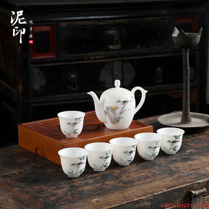 Mud seal the magpies kung fu tea set suit household contracted hand - made white porcelain teacup suet jade teapot custom gift boxes