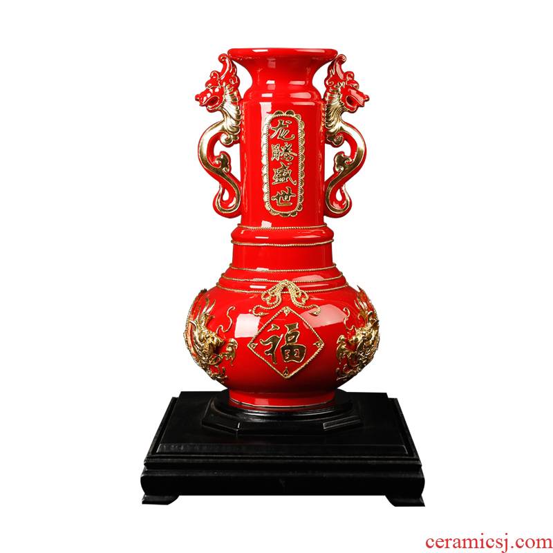 Really sheng China xiamen red double dragon vase housewarming opening birthday birthday gift paint line carve ceramic hydraulic wind