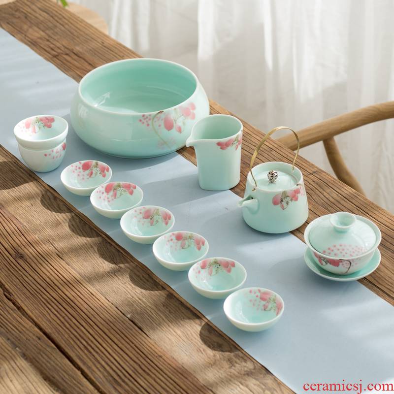 Jingdezhen hand - made celadon kung fu tea set home lotus ceramics suit of a complete set of blue and white porcelain cup teapot