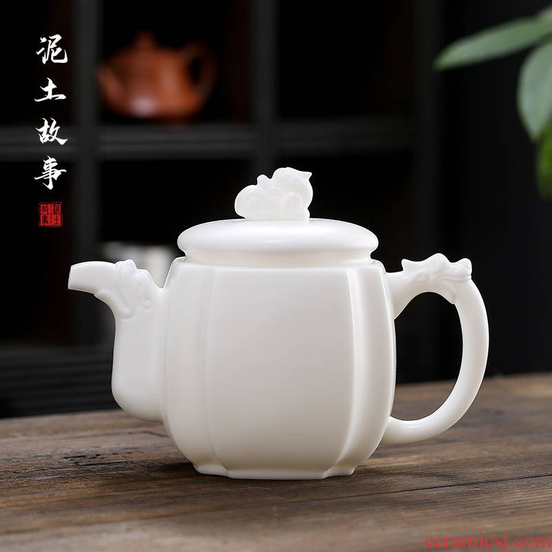 Dehua white porcelain high frosted kung fu tea set large capacity domestic tea ware ceramic teapot manual single pot of large size