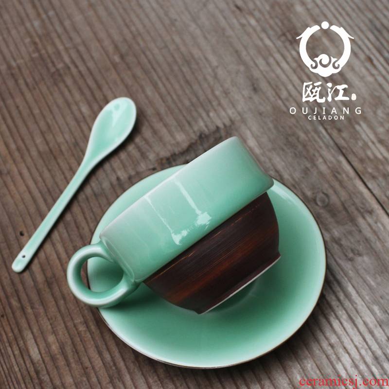 Oujiang three - piece celadon longquan celadon coffee cup coffee cup small spoon with bottom swallow coffee set a plate