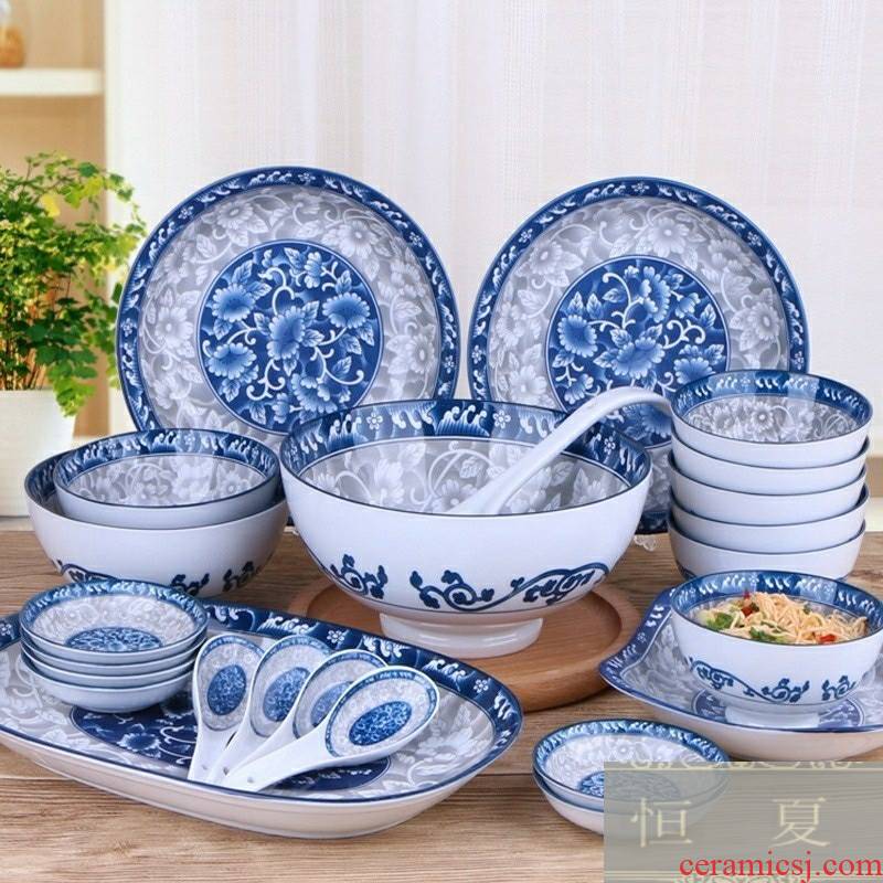 Chinese storm waves the available food dish plate peony blue and white porcelain bowls bowl under the glaze color microwave oven