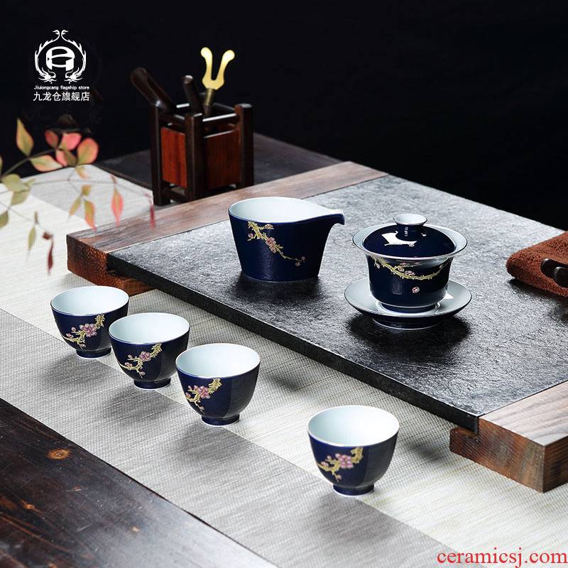 DH jingdezhen ceramic kung fu tea set suit household archaize the blue glaze ceramic teapot GaiWanCha small tea cups