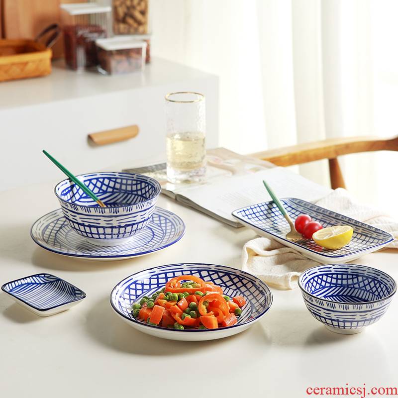 Japanese ceramics tableware suit under the glaze color stripe sushi rice salad bowl such as bowl dish of household deep flat plate