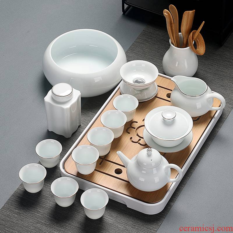 Dehua white porcelain teapot teacup paint covered bowl of a complete set of kung fu suit sweet white porcelain contracted household ceramic tea set