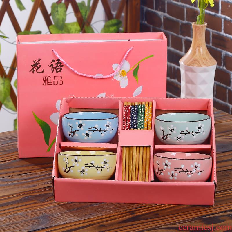 Gift chopsticks sets of household ceramic bowl cutlery set of blue and white bowls bowl dishes suit suit Gift boxes, NJ