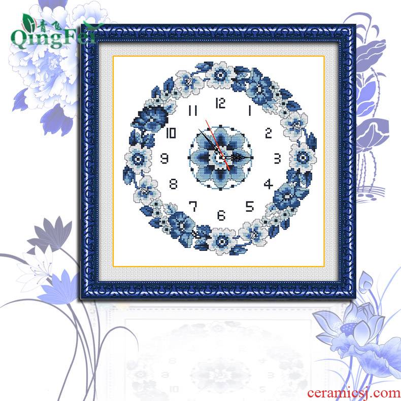 China full of blue and white porcelain cross - stitch, hang a clock and watch classic elegant orchid send.mute seven economic the draw background wall movement restaurant