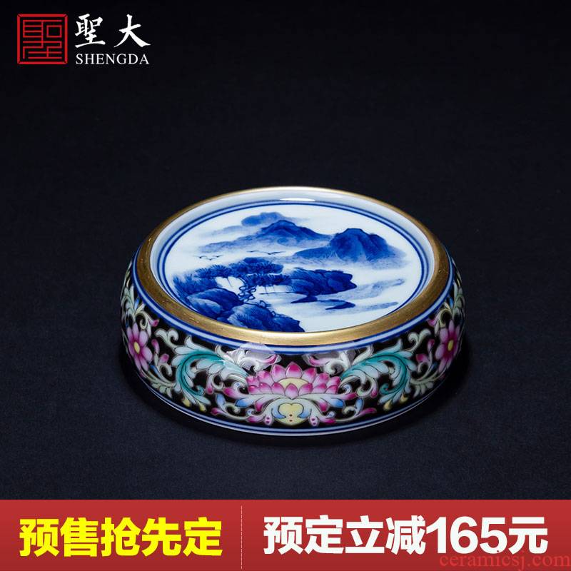 The big blue and white landscape ceramic hand - made black enamel colors branch lotus lines cover manual jingdezhen tea accessories