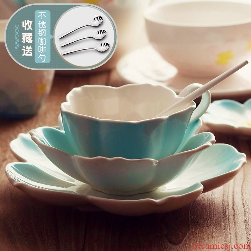 Cherry blossom put cup small European - style key-2 luxury ceramic coffee cups and saucers suit household afternoon tea tea set suit flower tea cups