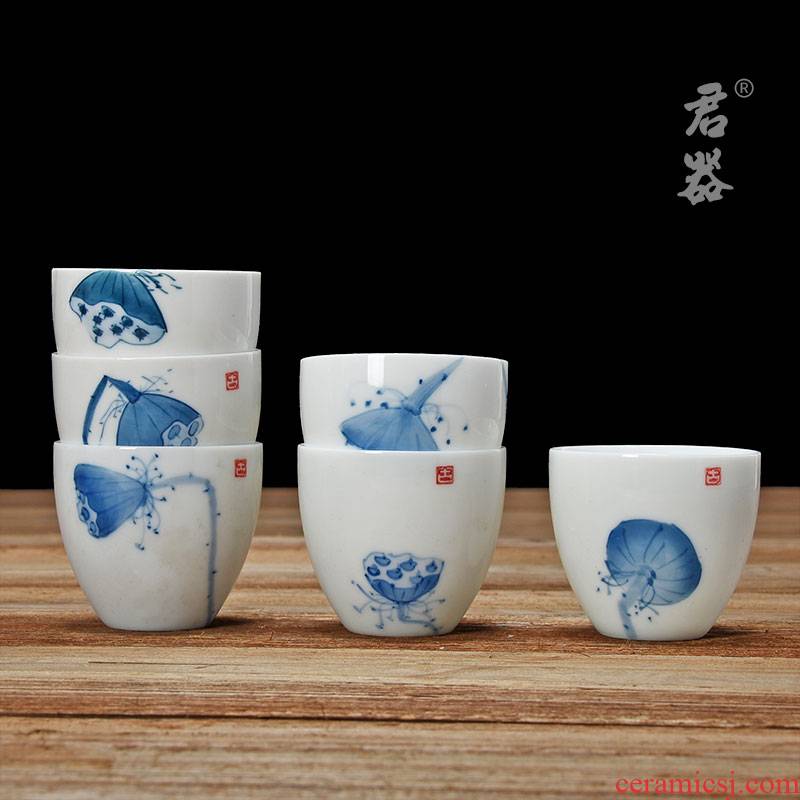 Jun ware longquan celadon hand - made kung fu tea cup sketch the glass ceramic sample tea cup lotus dependency of blue and white porcelain cup
