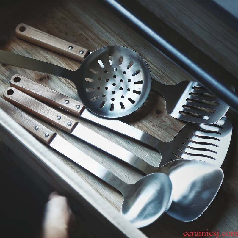 Porcelain soul wooden kitchen stainless steel pan fry flat shovel shovel spoon colander stir - fry shovel fish steak shovel shovel widened