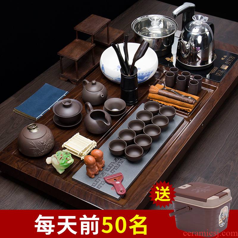 Violet arenaceous kung fu tea set suit household automatic snap one induction cooker sea stone tea tray was solid wood tea tray