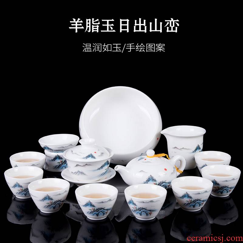 Ronkin dehua hand - made white porcelain kung fu tea set tureen suet jade teapot household ceramic cups