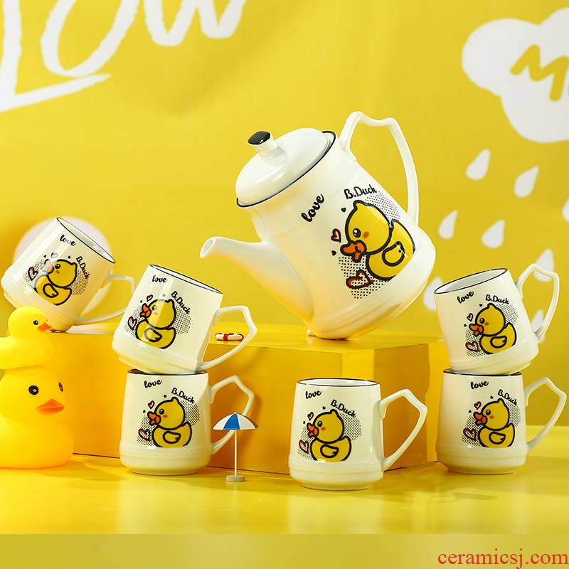 BDUCK yellow duck ceramic water set suit creative fashion home sitting room tea pot 1 6 cups with tray