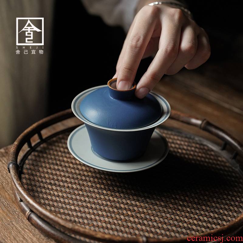 Jingdezhen undressed ore coral blue glaze covered bowl bowl three cups to a single pure manual GaiWanCha tea set to restore ancient ways