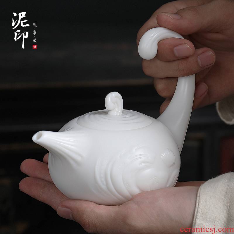 Mud seal dehua white porcelain teapot creative waves make tea pot of ceramic ware suet jade porcelain household kung fu tea set by hand