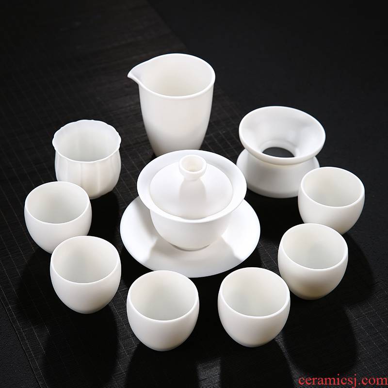 Dehua white porcelain kung fu tea set suit household contracted suet jade porcelain lid bowl of a complete set of tea tea set