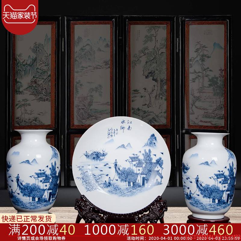Jingdezhen blue and white ceramics three - piece vase furnishing articles of modern Chinese style household flower arrangement sitting room adornment ornament