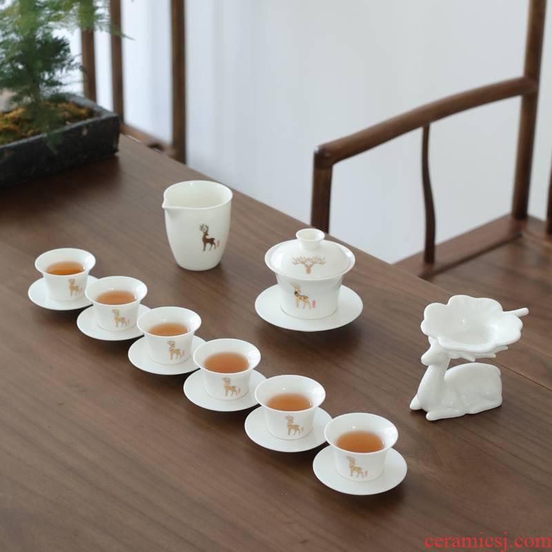 Dehua suet jade porcelain white porcelain kung fu tea set household contracted a gift boxes of Japanese lid bowl of tea cups