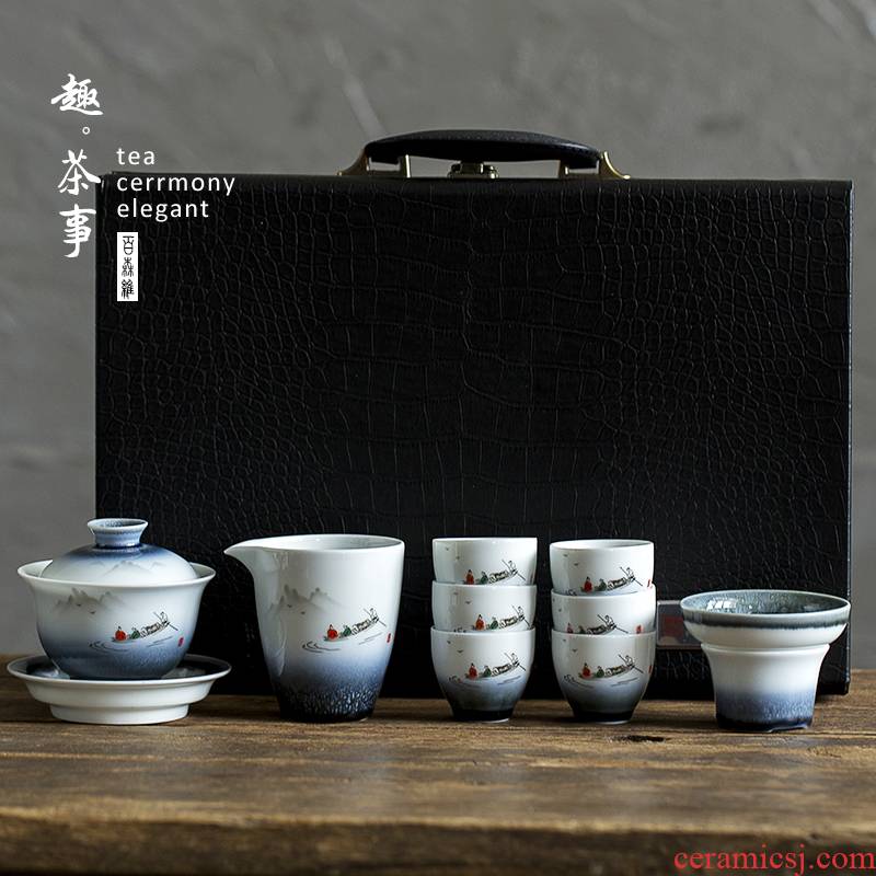 Jingdezhen kung fu tea set hand - made white porcelain contracted household ceramics tureen teapot teacup of a complete set of gift boxes