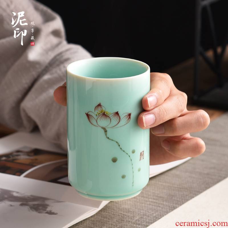 Longquan celadon teacup ceramic mud seal office large - capacity glass hand - made cup men 's and women' s creative couples