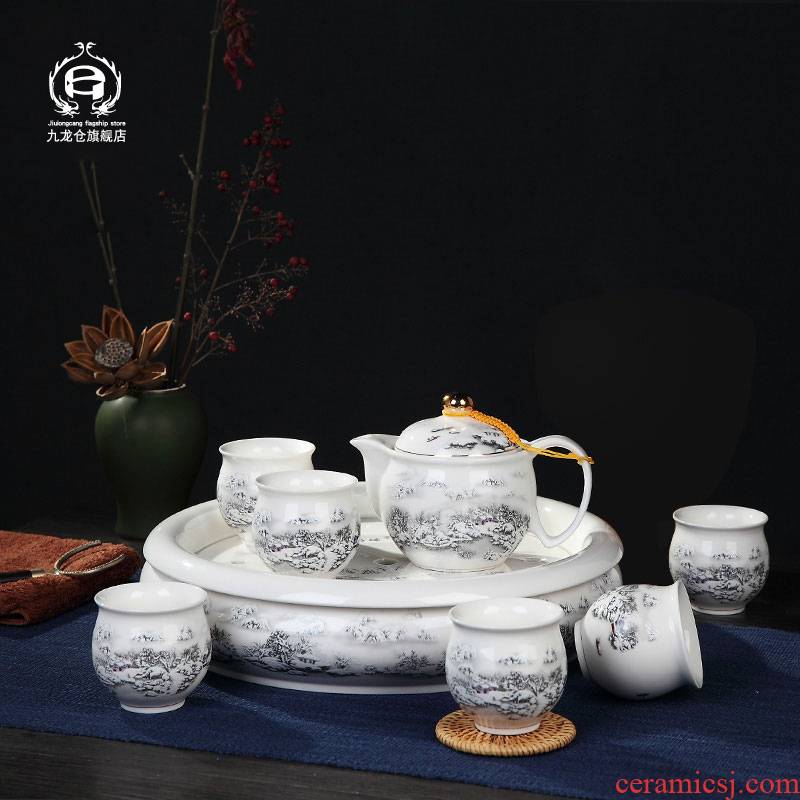 DH jingdezhen blue and white porcelain double kung fu tea set suit household ceramics with small cups of a complete set of tea tea tray