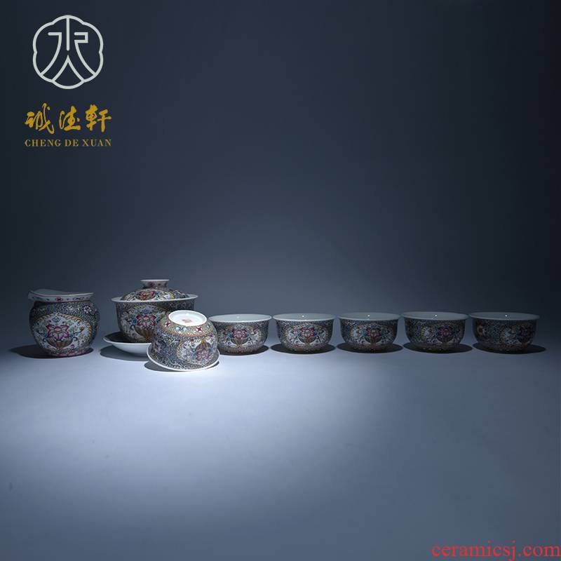 Cheng DE xuan tea sets jingdezhen ceramic kung fu tea set manually set of 8 head pastel landscape JiXiangFu lung