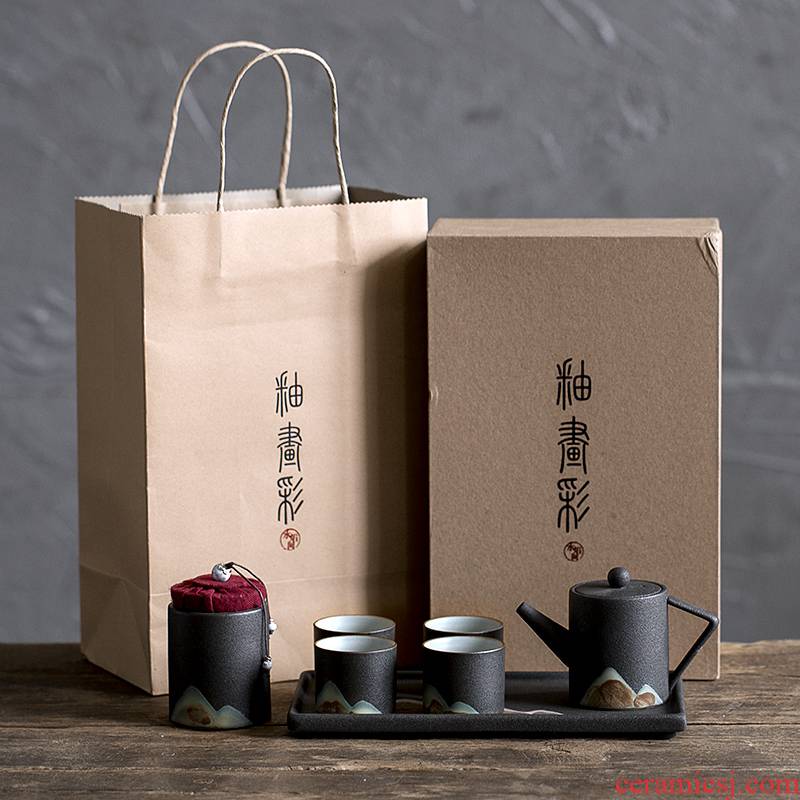 Japanese kung fu tea set coarse pottery dry landscape travel home a pot of four cups of ceramic teapot teacup gift boxes