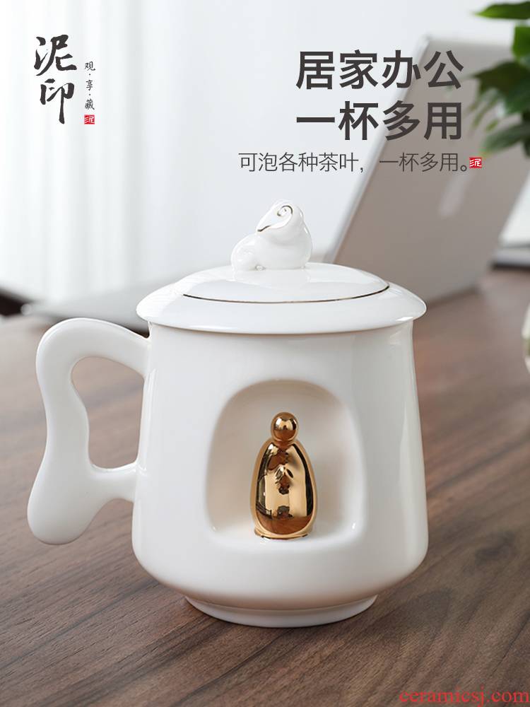 Dehua white porcelain large capacity domestic ceramic tea cups with cover office and meeting the personal creative tea cup
