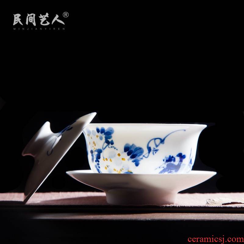 Manual hand - made wisteria birds tureen tea jingdezhen blue and white ceramics kung fu tea set three bowl of tea bowl