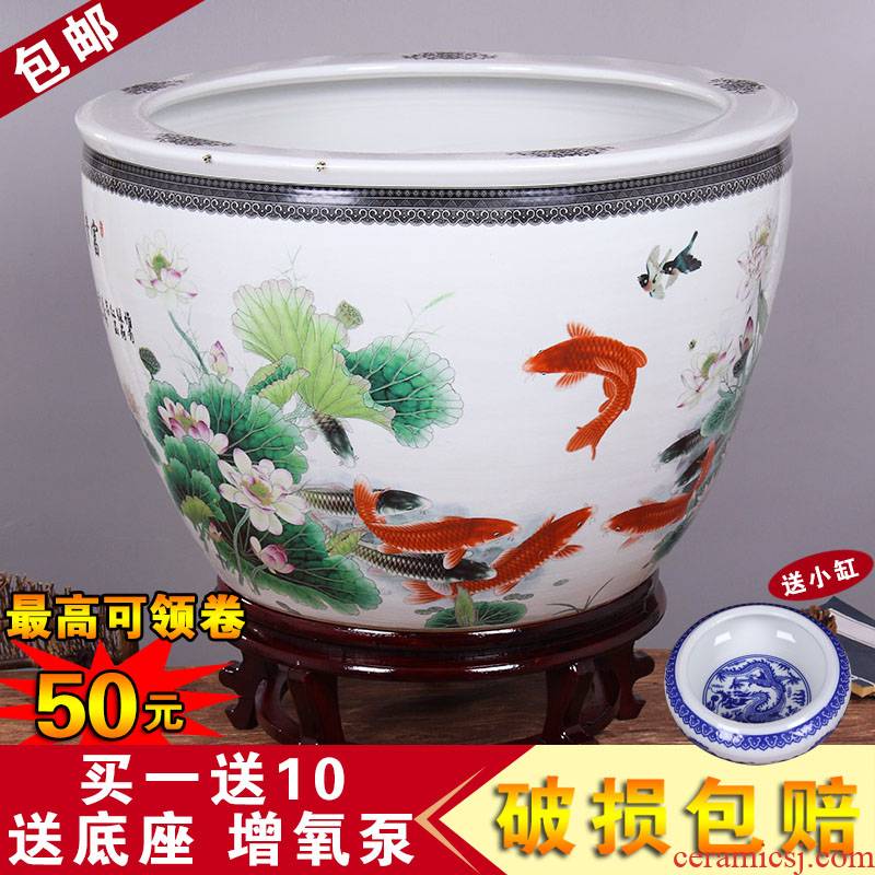 Jingdezhen ceramic aquarium large goldfish bowl water lily always LianHe flower tortoise cylinder brocade carp painting and calligraphy cylinder package mail