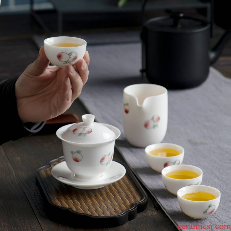 Tea set household contracted a small set of ceramic kung fu Tea set hand - made peach tureen teapot teacup white porcelain Tea set