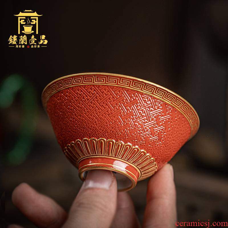 Jingdezhen checking ceramic red glaze see hand - cut master of kung fu tea cup household single cup large bowl