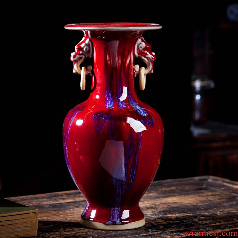 Jingdezhen ceramic vases, flower arrangement sitting room ruby red jun porcelain up ears of Chinese style restoring ancient ways decorate rich ancient frame furnishing articles
