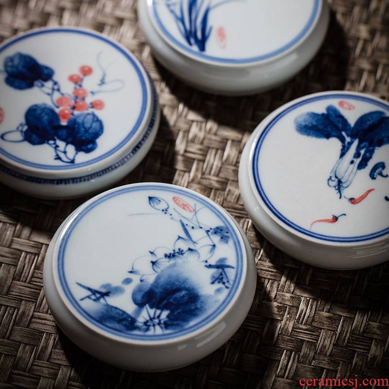 Jingdezhen blue and white lid buy checking ceramic hand - made archaize cover kung fu tea accessories tea table furnishing articles