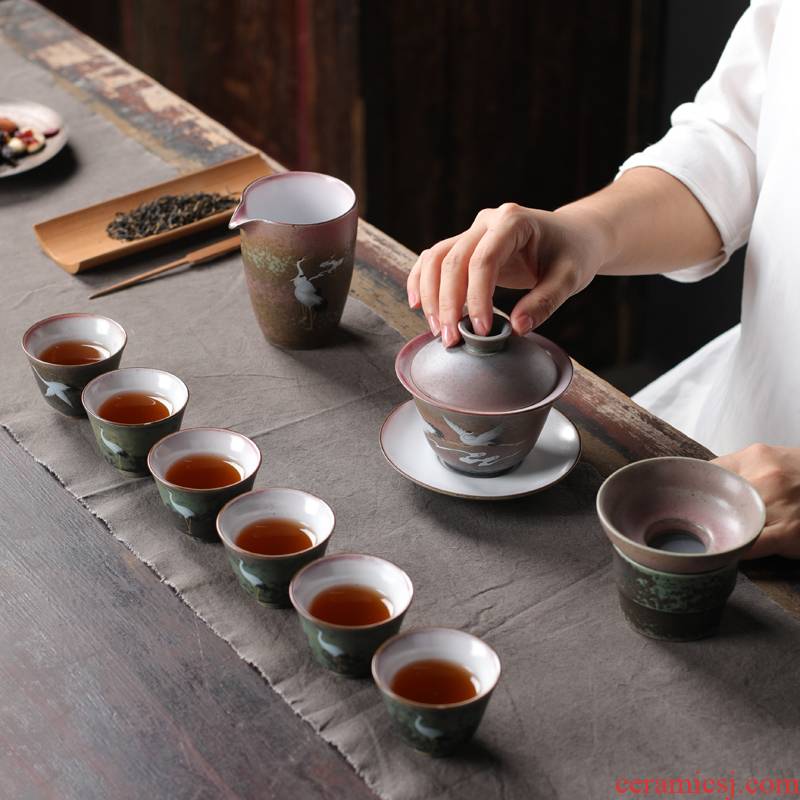 Archaize renewal only three tureen large bowl with a Japanese tea taking hand - made cranes coarse pottery tea cups kung fu tea set